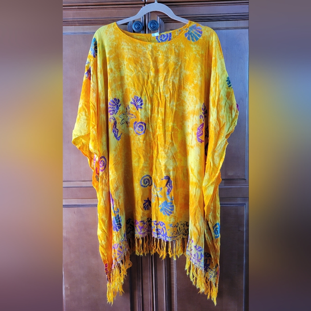 Handmade Rayon Yellow Coastal Batik Kaftan Kimono Beachwear/Coverup